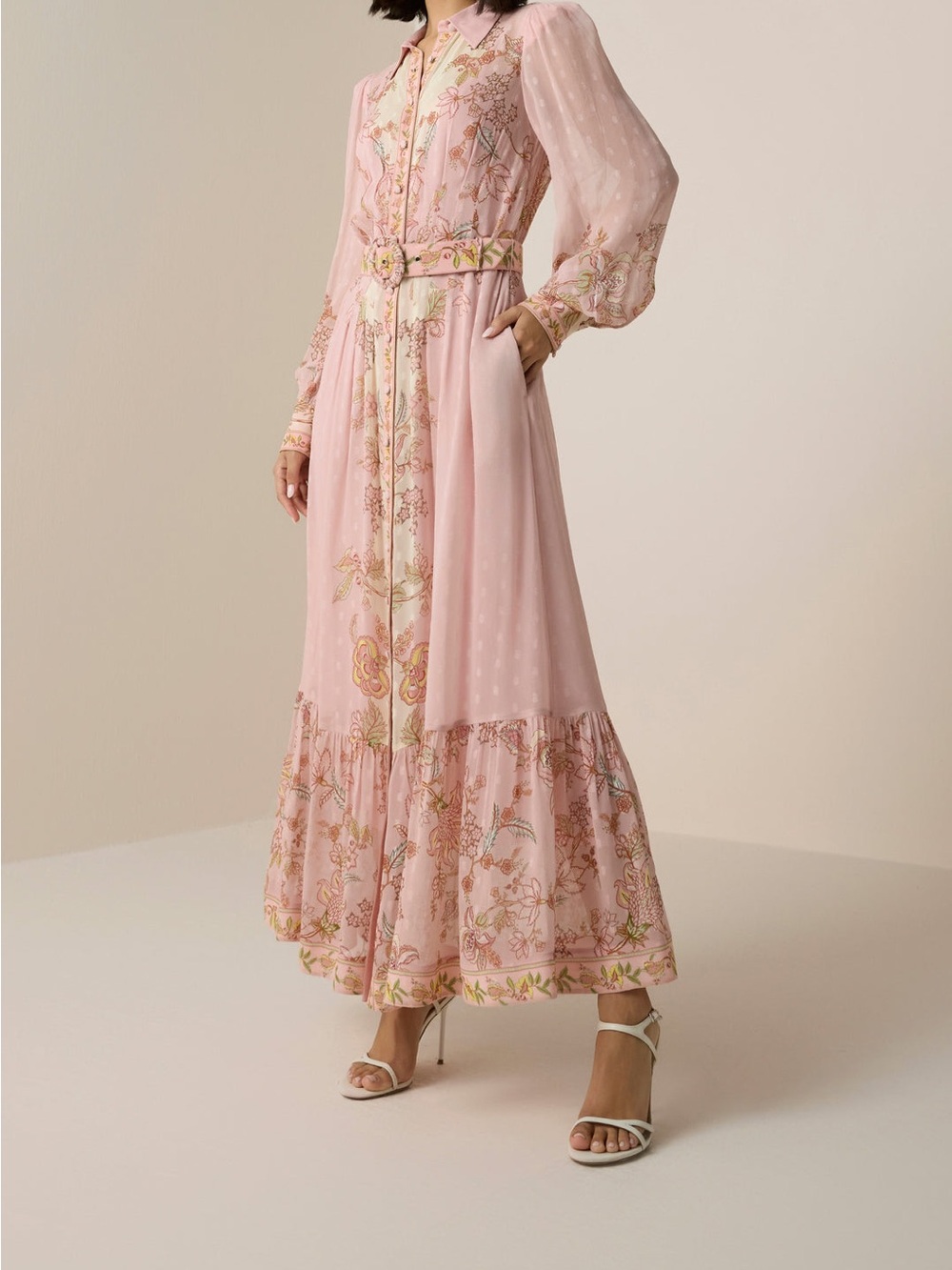 HEMANT & NANDITA Blush Pink Floral Sheer Maxi Dress with Belt
